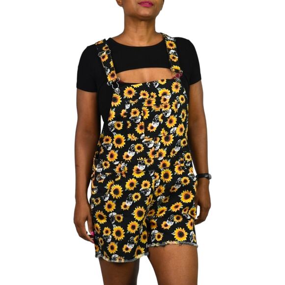 Hot Topic Shortalls Black Skull Sunflowers Bib Overall Jeans Shorts Romper Large - Picture 10 of 12